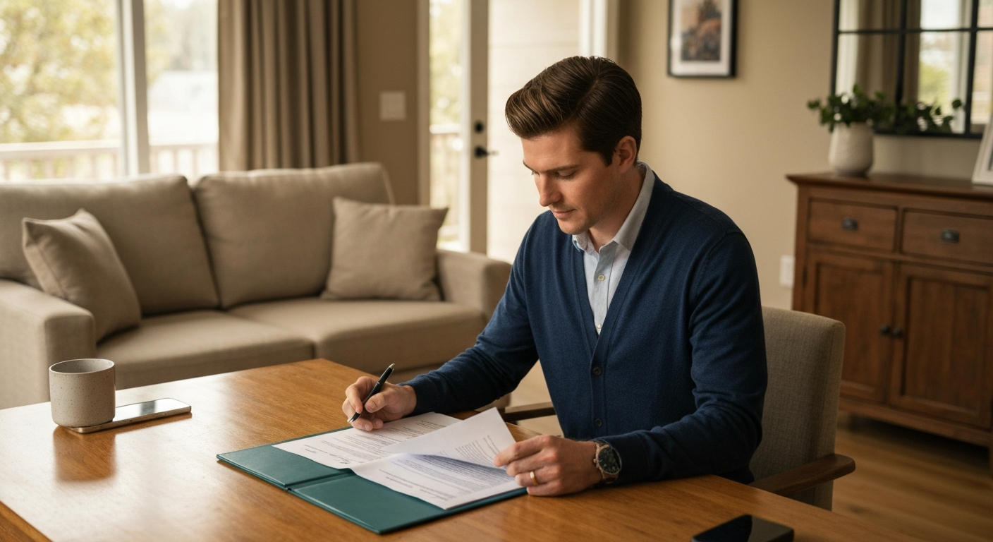 Individual reviewing mortgage pre-approval documents in a comfortable lived-in home with natural light