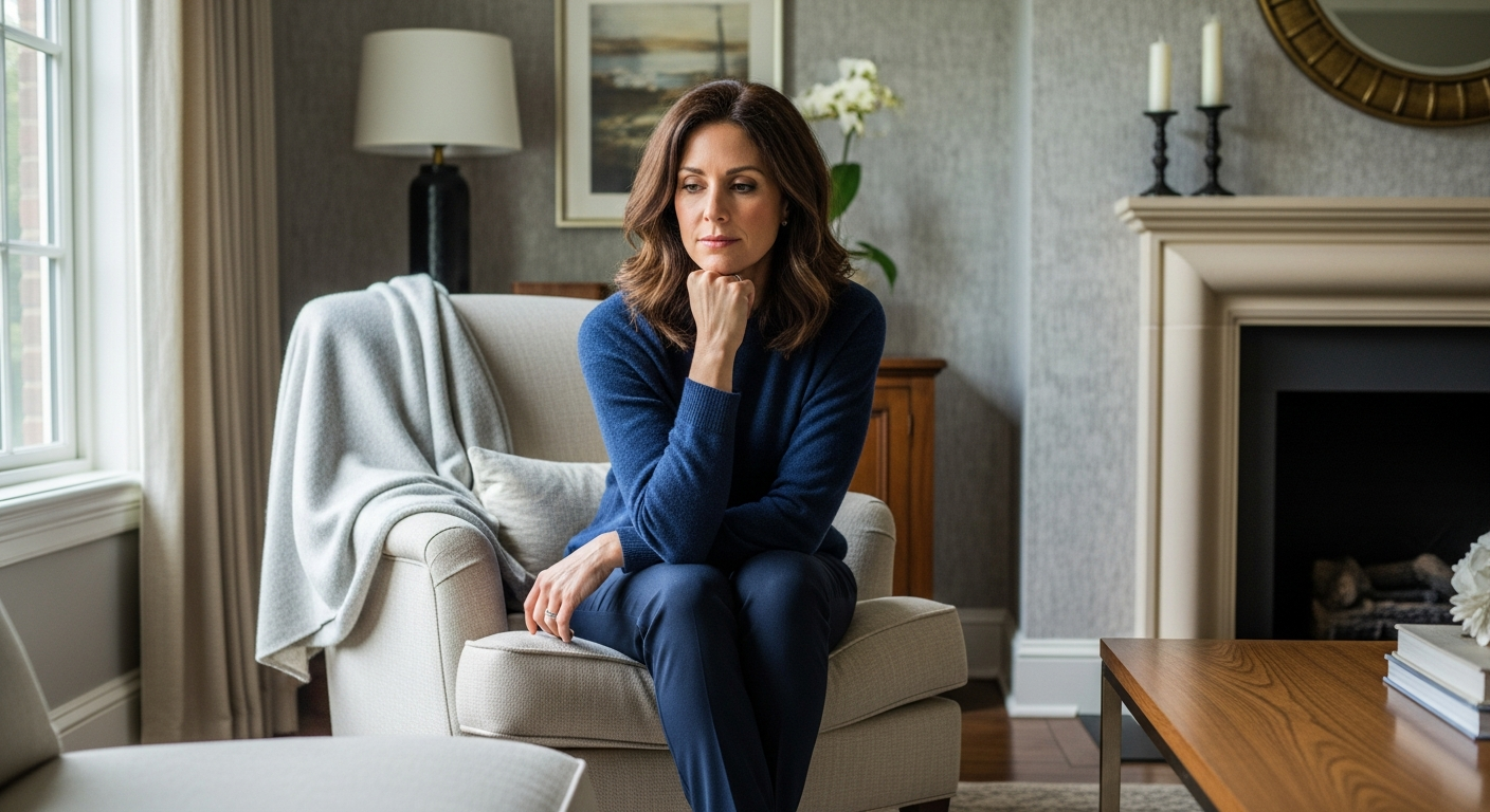 Thoughtful homeowner evaluating an important decision in a comfortable home setting