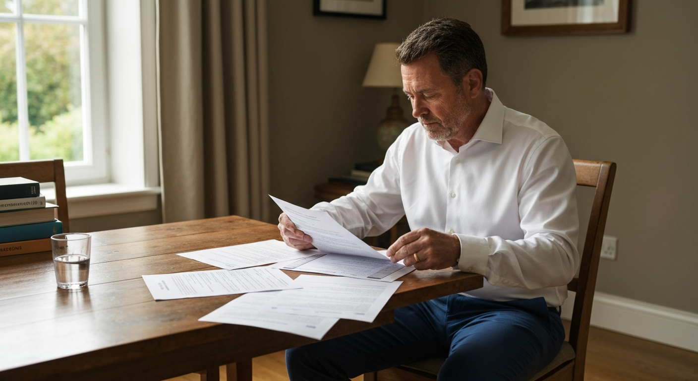 Person reviewing a property deed and mortgage paperwork at a dining table