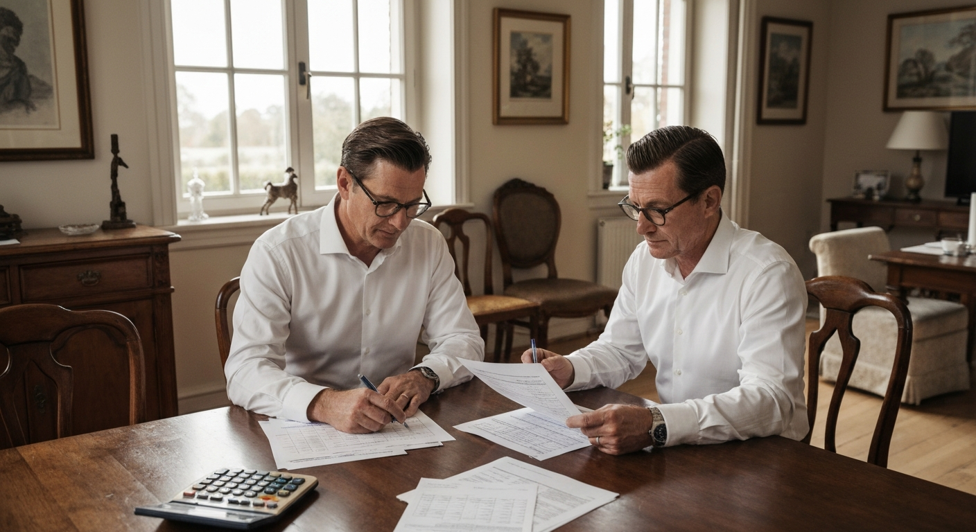 Homeowner reviewing financial paperwork with a CPA-style worksheet at a dining table