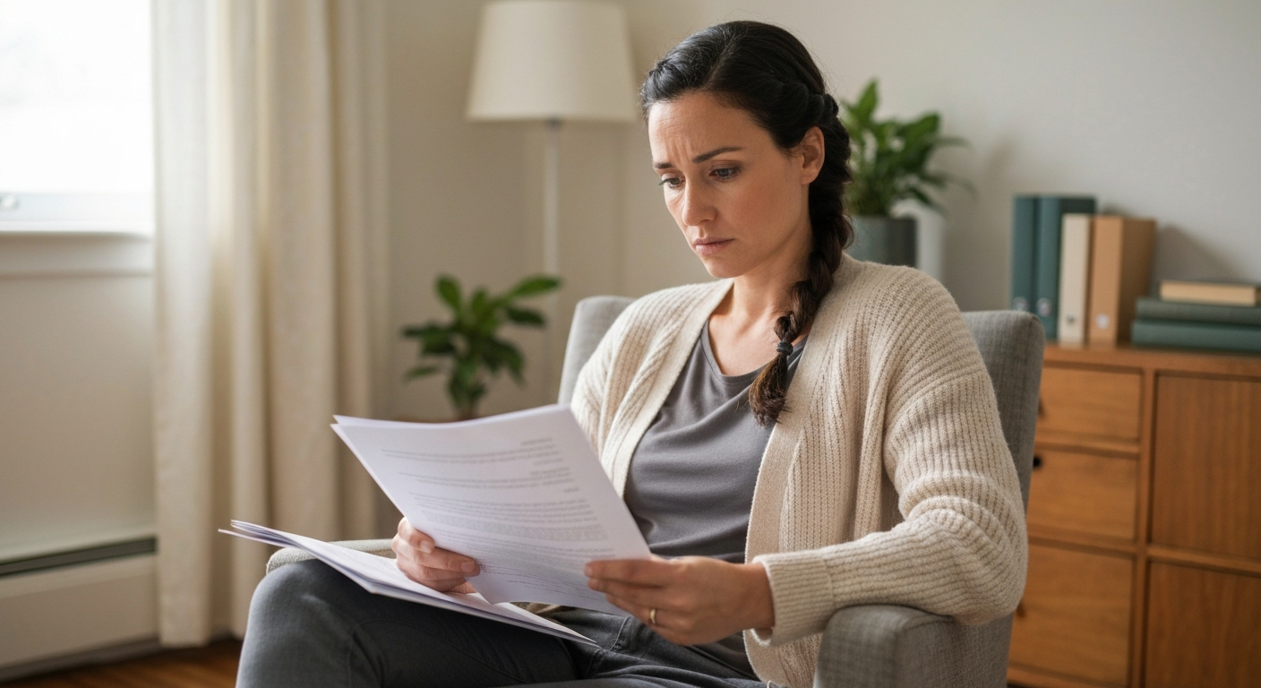 Homeowner sitting quietly reviewing legal and property paperwork with a concerned but calm expression