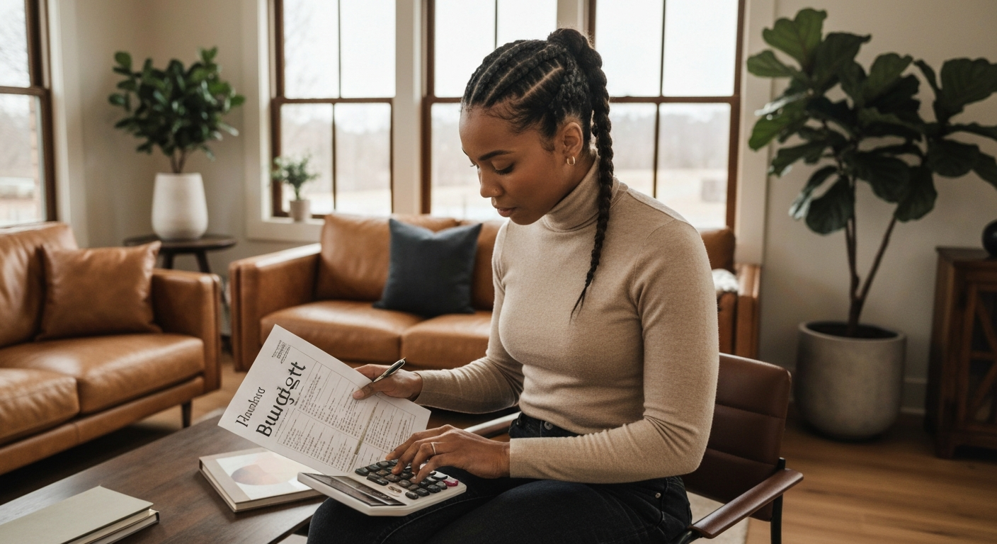 Person reviewing a budget worksheet and using a calculator in a well-lit residential home office