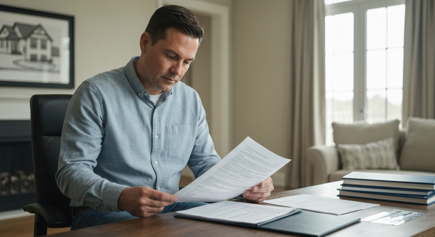 Homeowner reviewing property records, mortgage documents and settlement paperwork at home in natural daylight