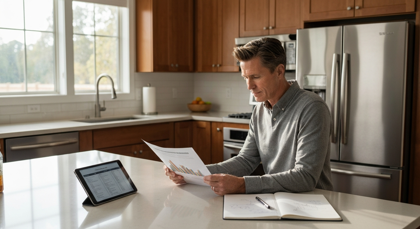 Real homeowner reviewing a professional valuation report at a kitchen island