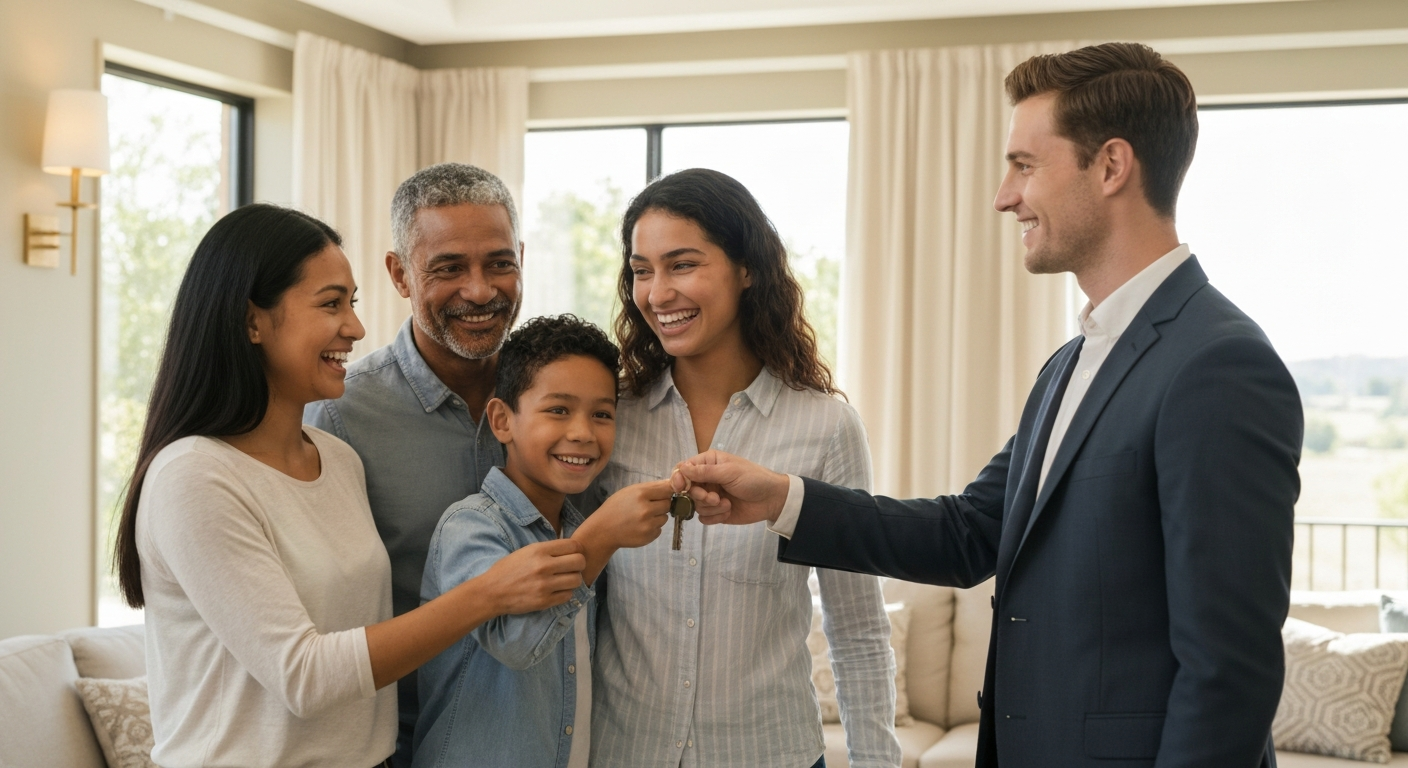 Family receiving keys to new home