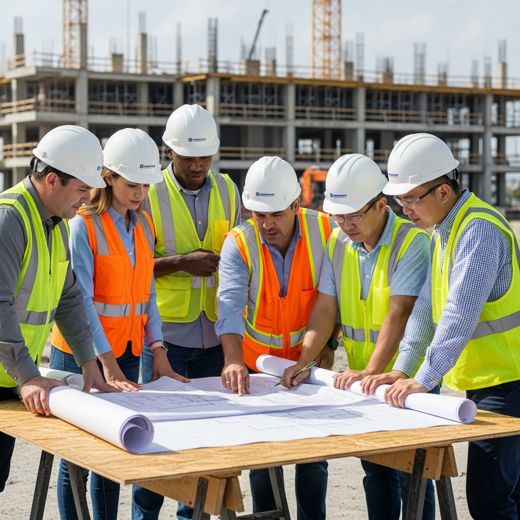 Construction team collaborating