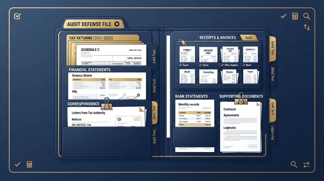 Audit defense file folder with organized documents and receipts