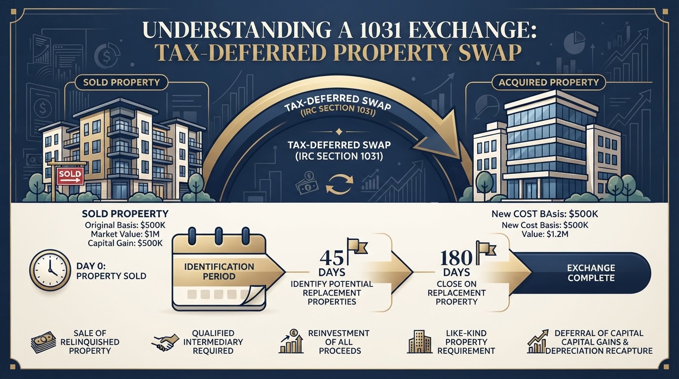 1031 exchange concept showing two investment properties connected with 45-day and 180-day deadlines