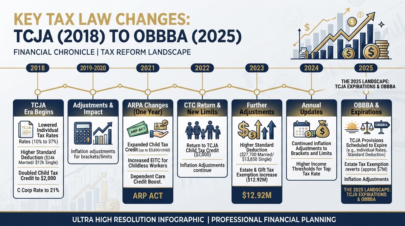Timeline of tax law changes from 2018 TCJA through 2025 OBBBA showing calendar years and dollar amounts
