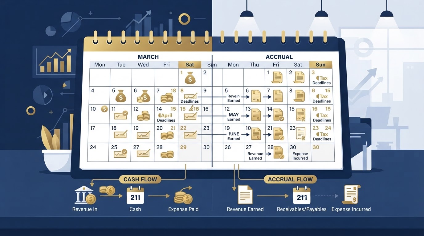 Calendar showing tax deadlines and timing differences between cash and accrual accounting