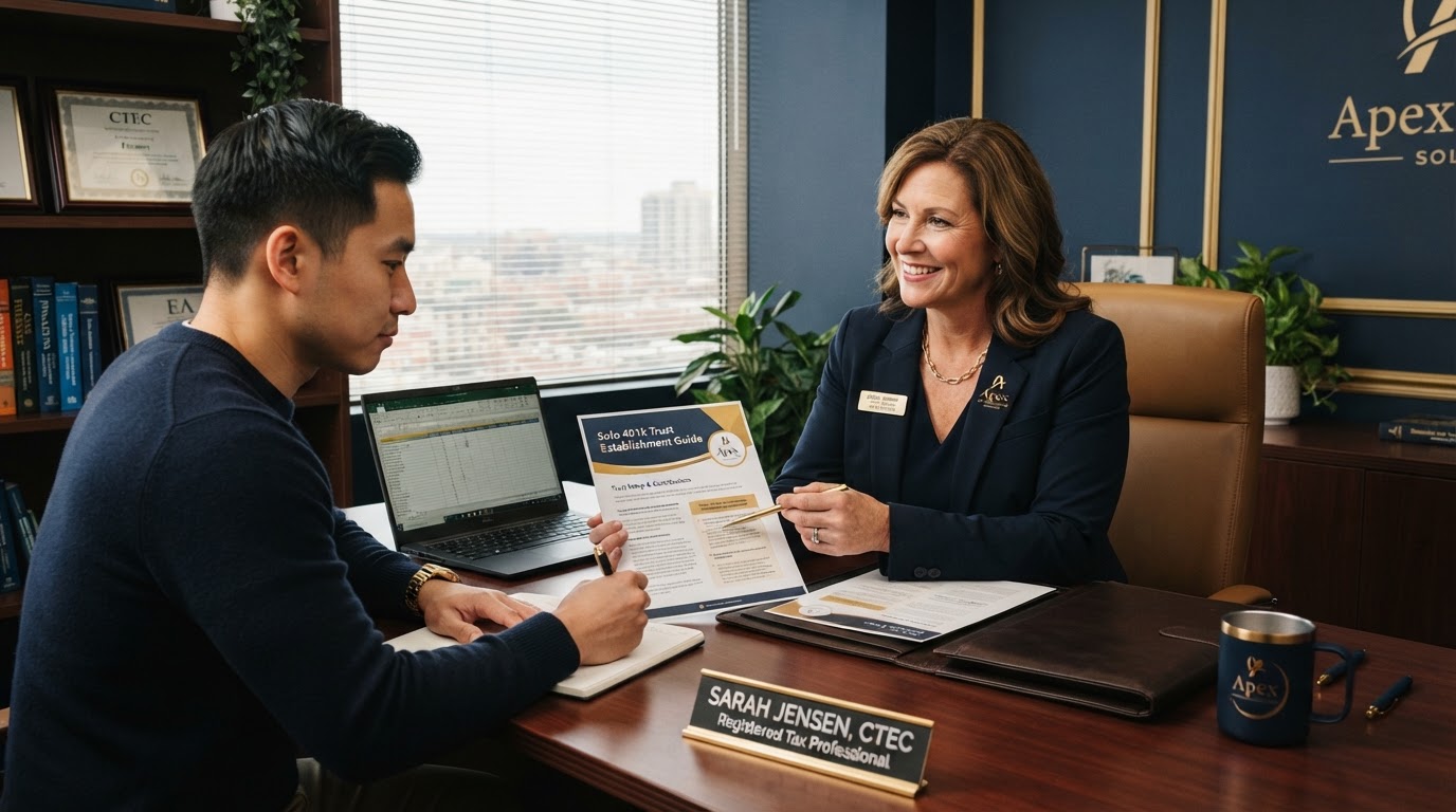 CTEC-registered tax professional advising a self-employed client on setting up a Solo 401(k) trust account