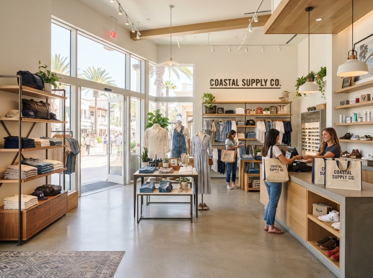 Modern Orange County retail storefront interior with organized merchandise displays