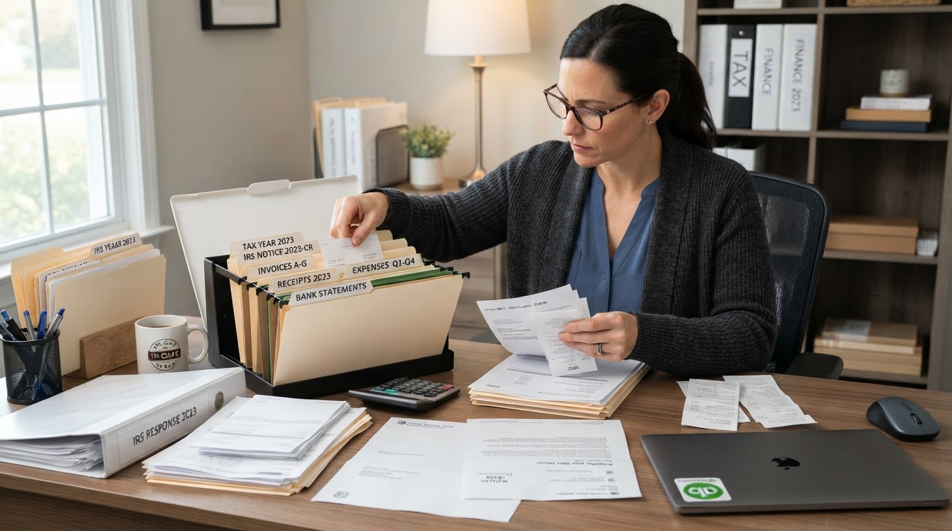 A business owner organizing receipts and invoices to prepare a response to an IRS audit letter