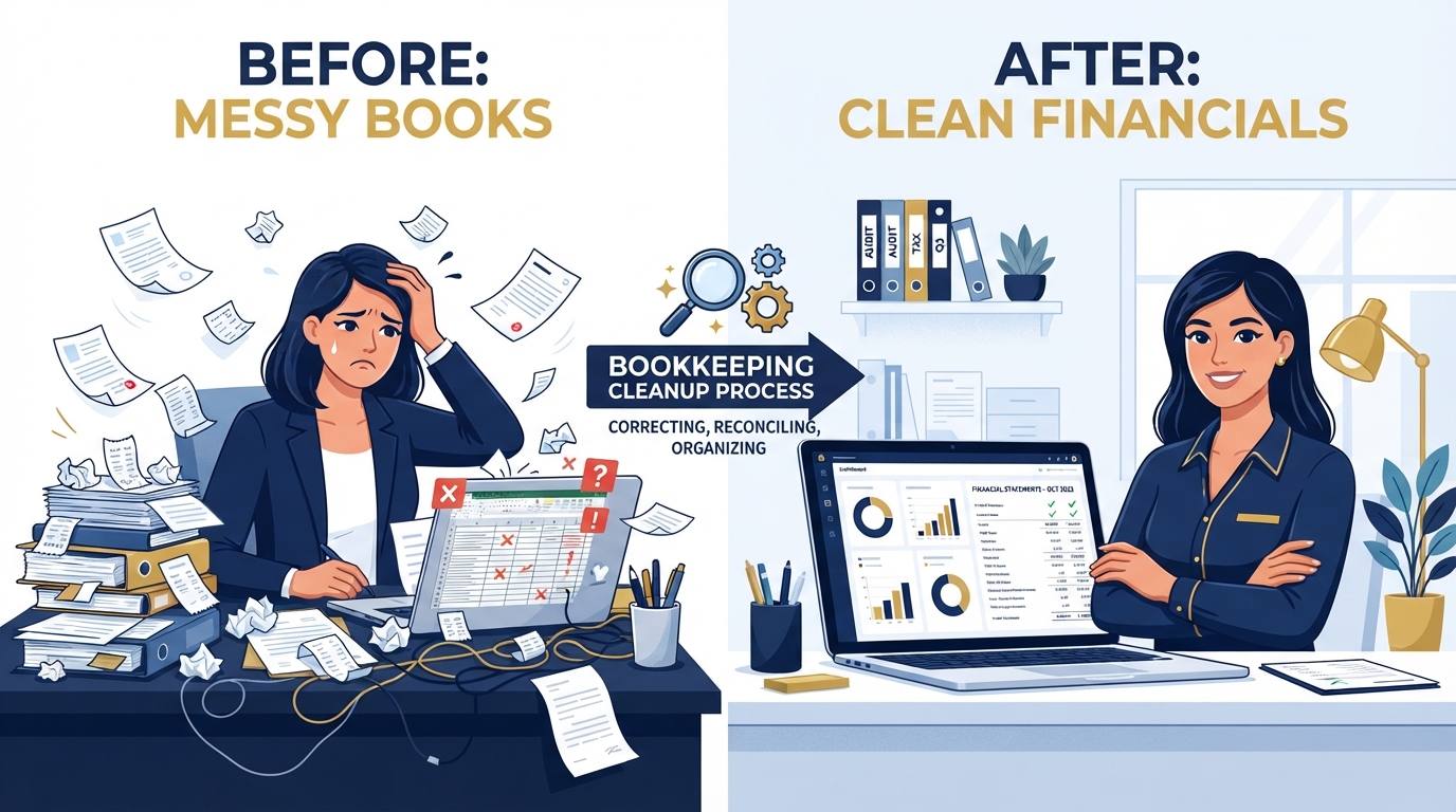 Before and after comparison of messy books transforming into clean organized financial statements