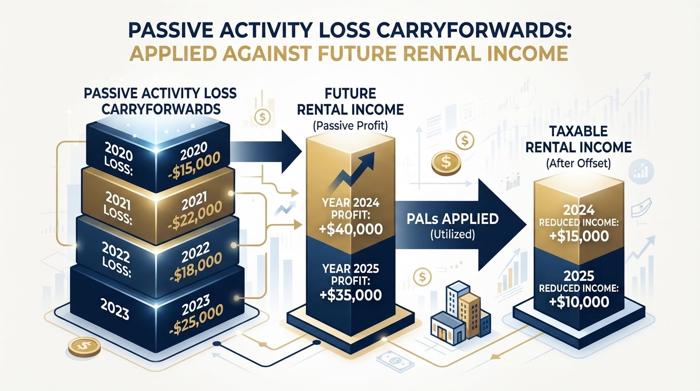 Passive activity loss carryforwards concept showing stacked tax loss layers applied against future rental income