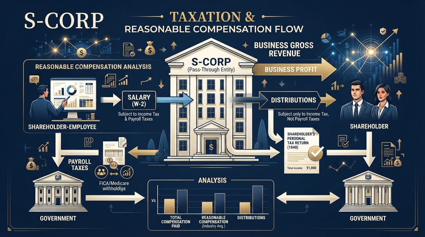 S-corporation pass-through taxation flow showing reasonable salary and distribution split