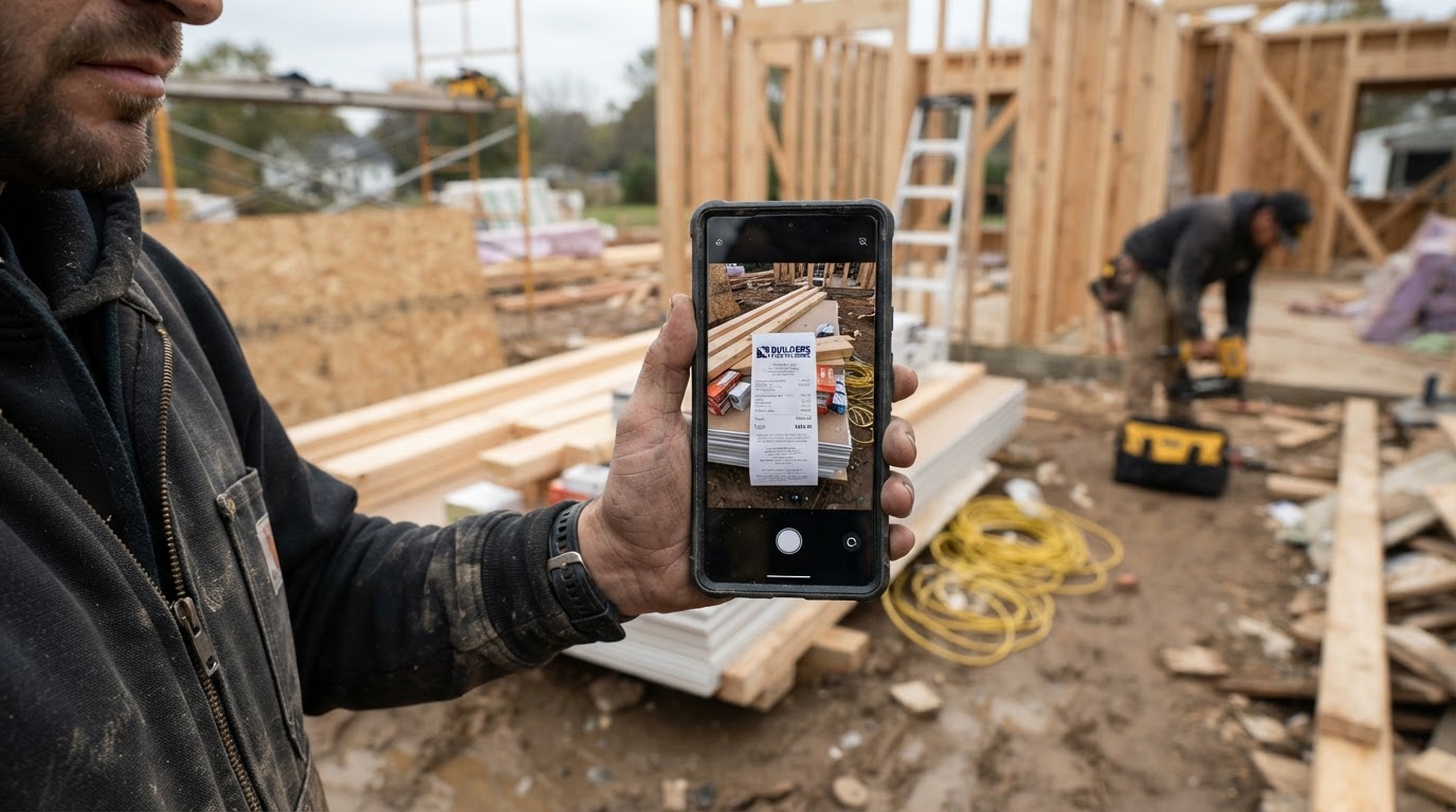 Contractor's smartphone showing photos of building materials and receipts on a job site