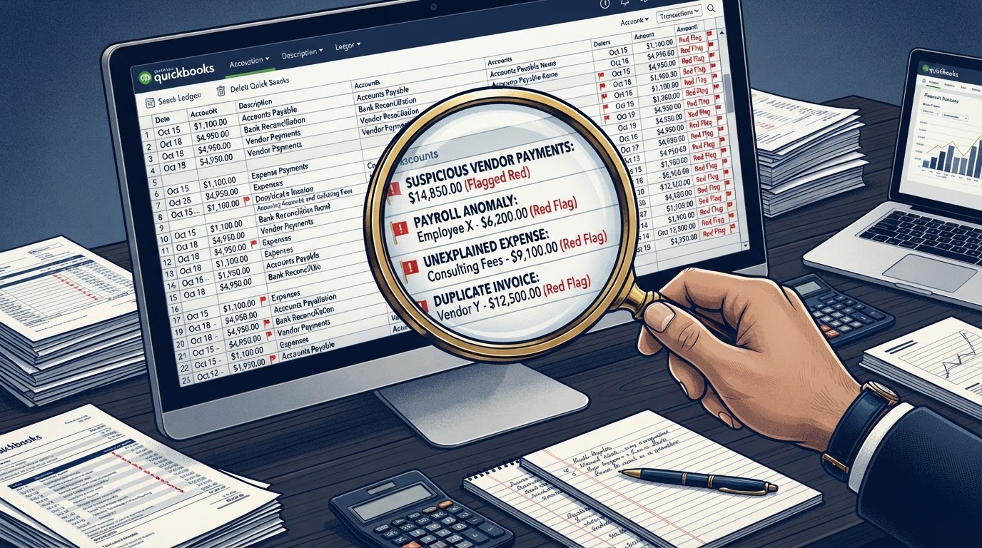 Forensic accountant examining a chaotic QuickBooks ledger with flagged transactions