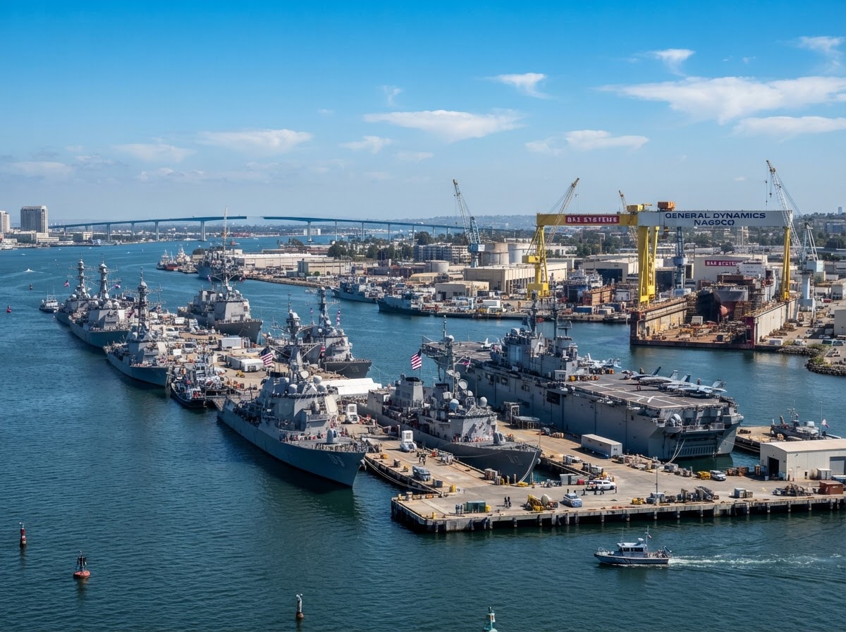 Naval Base San Diego harbor with Navy ships docked at the defense contractor waterfront