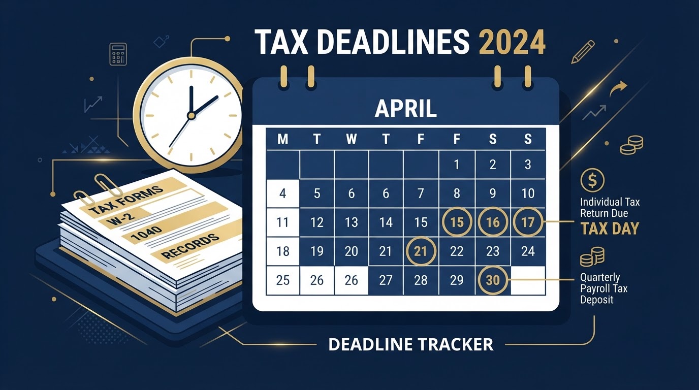 Tax calendar with marked IRS deadlines and gold accent dates