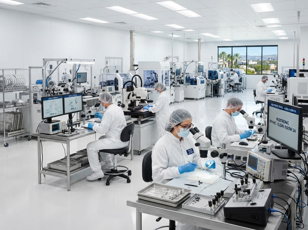 Medical device manufacturing lab in Irvine with engineers inspecting precision equipment