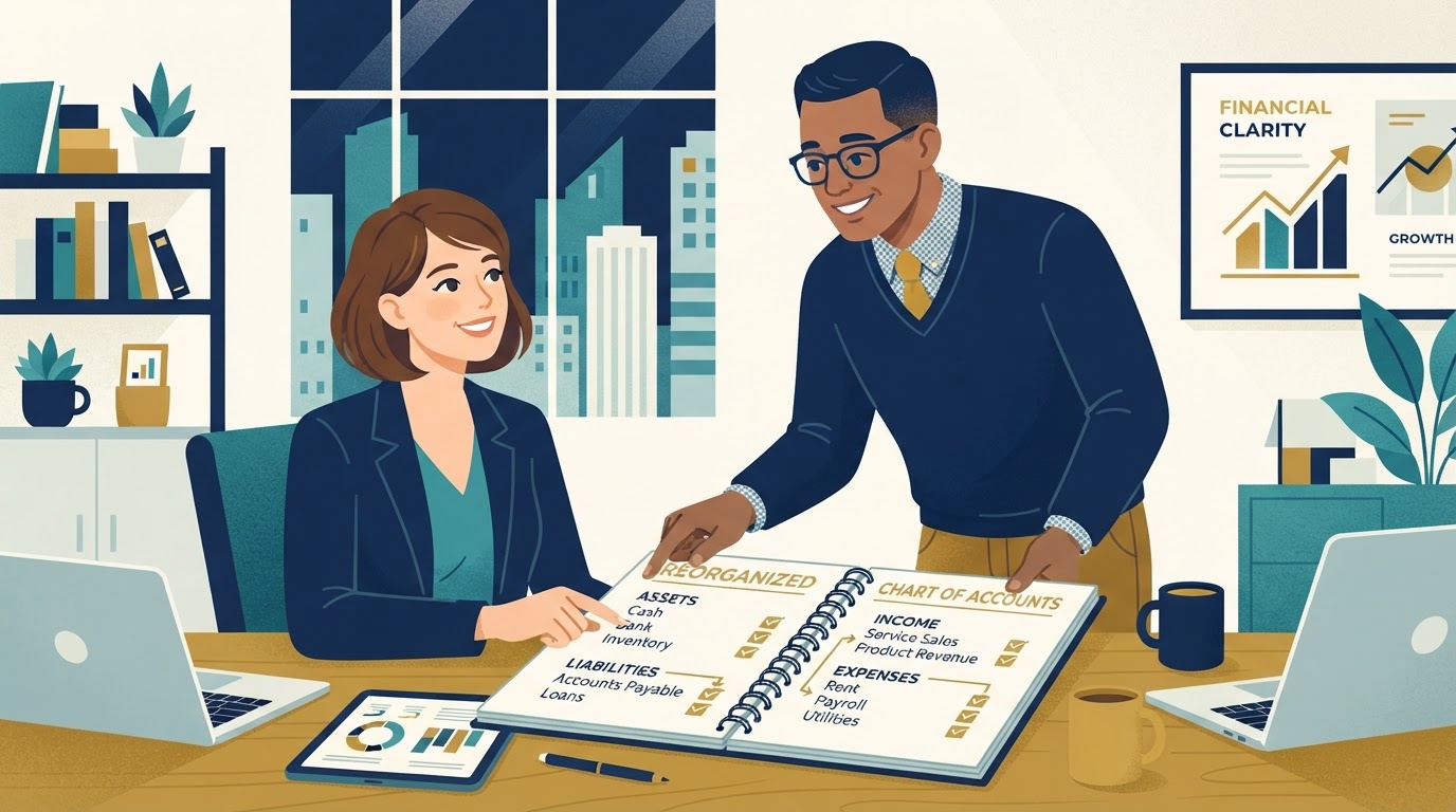Business owner and bookkeeper reviewing a reorganized chart of accounts together at a desk