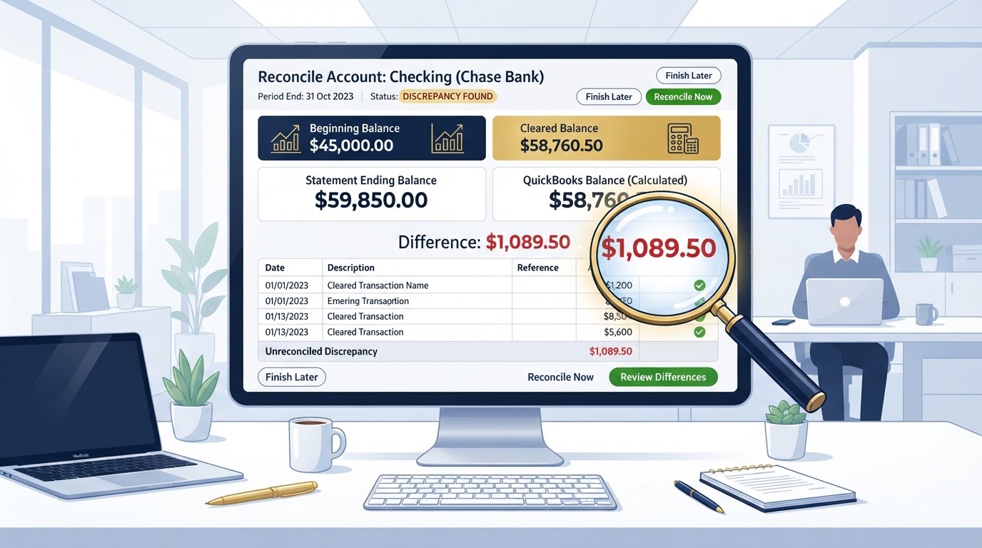 QuickBooks bank reconciliation screen showing a discrepancy between the statement balance and the QuickBooks balance with a magnifying glass