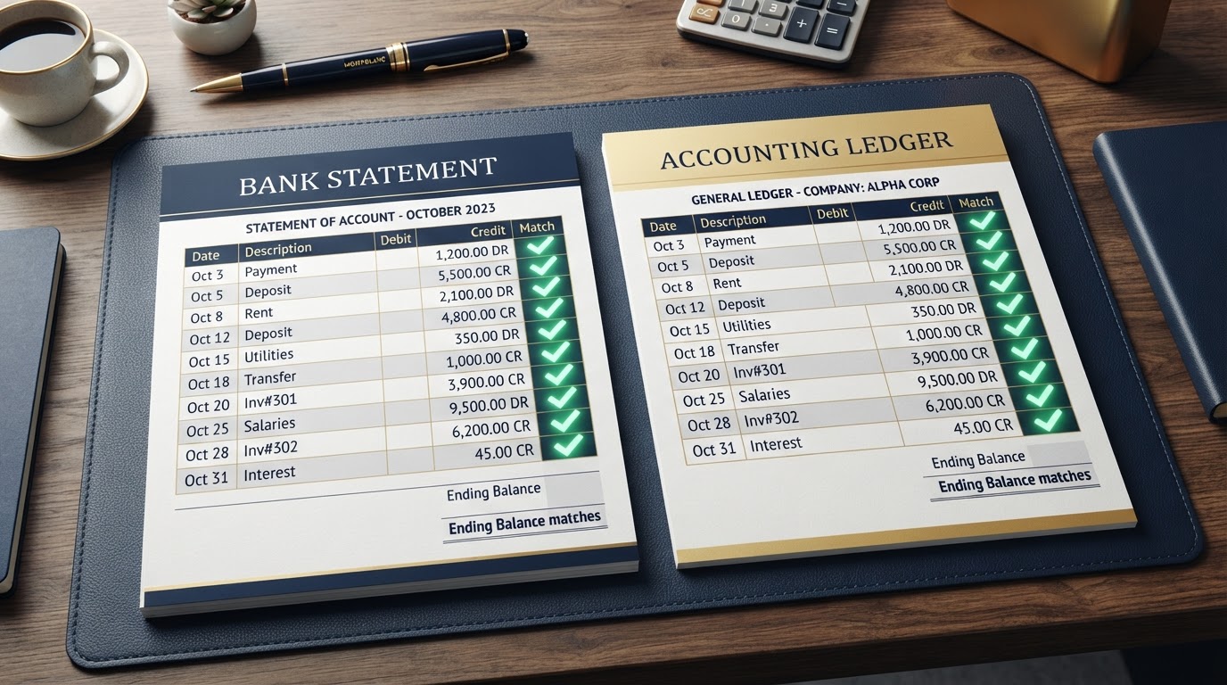Bank reconciliation matching transactions with green checkmarks