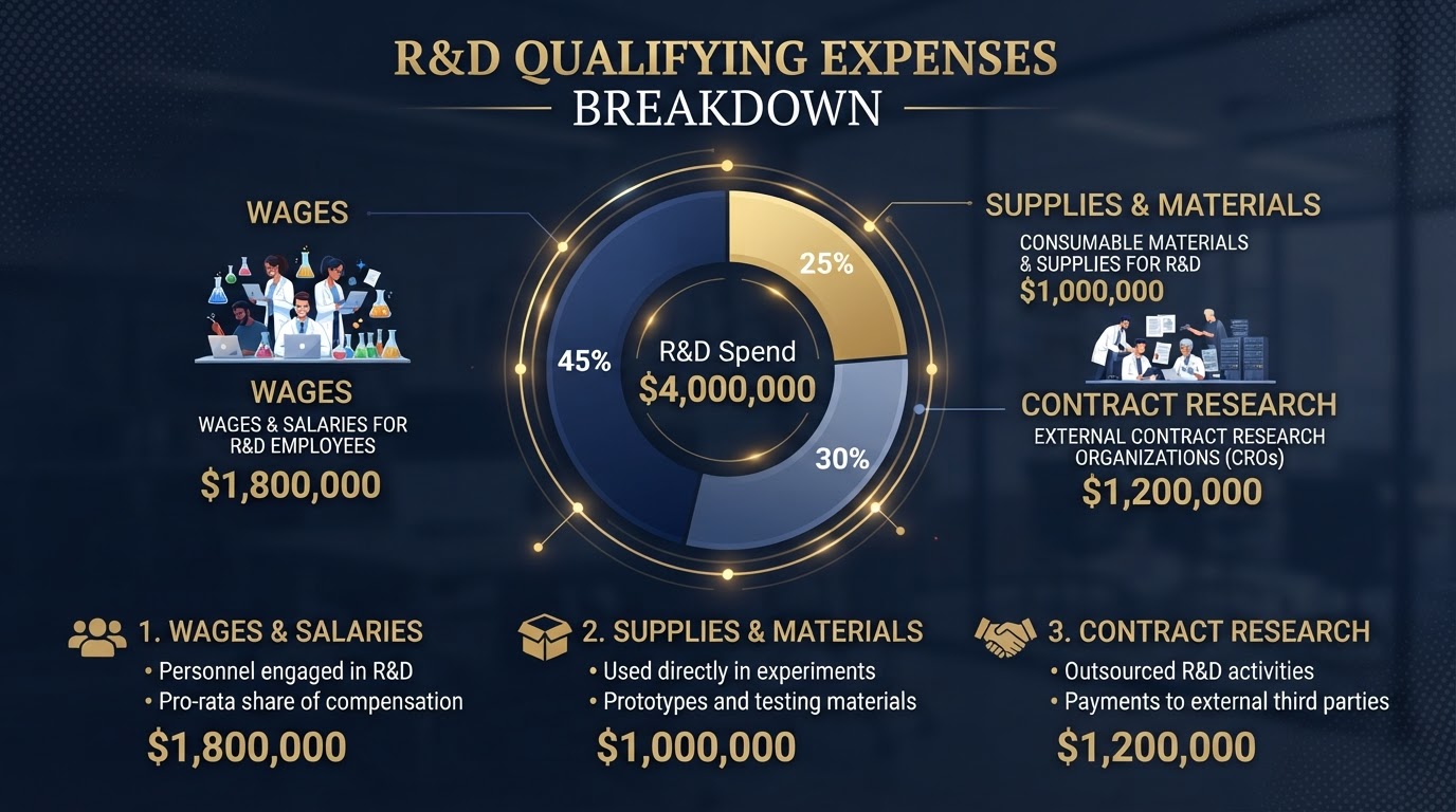 R&D qualifying expenses: wages, supplies, and contract research