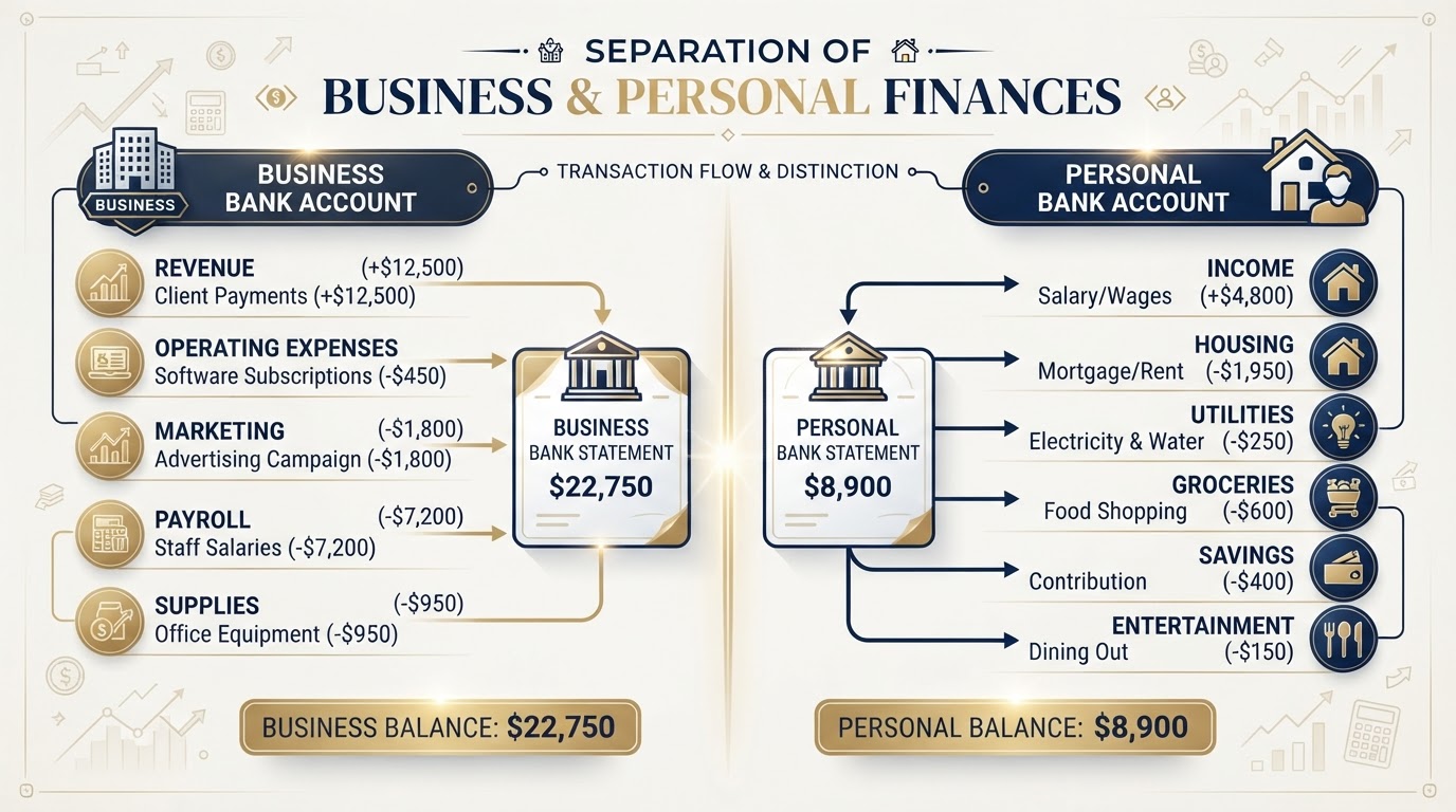 Clean separation of business and personal bank accounts with organized transactions flowing into each