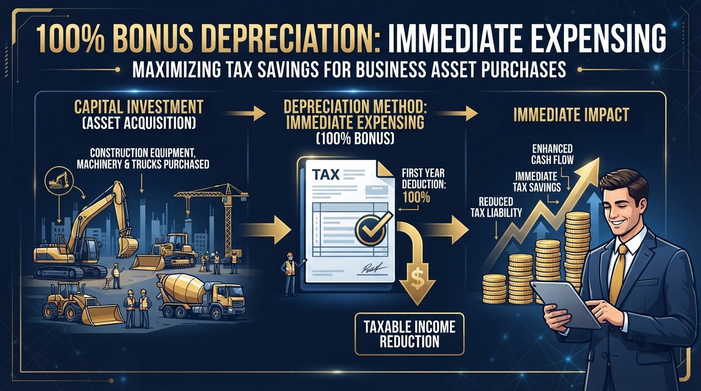 100% bonus depreciation illustration with construction equipment and machinery being immediately expensed