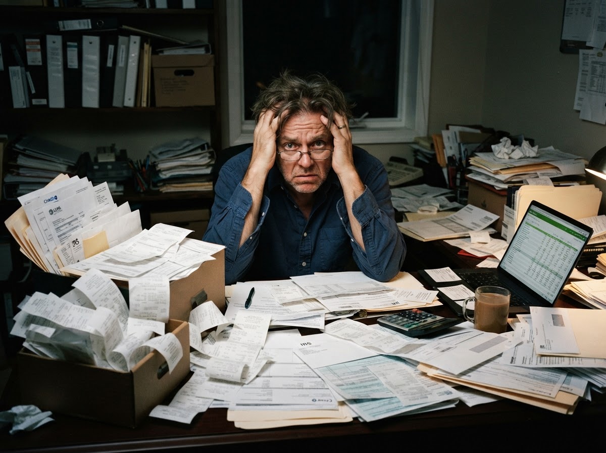 Stressed business owner overwhelmed by piles of receipts and invoices at a cluttered desk