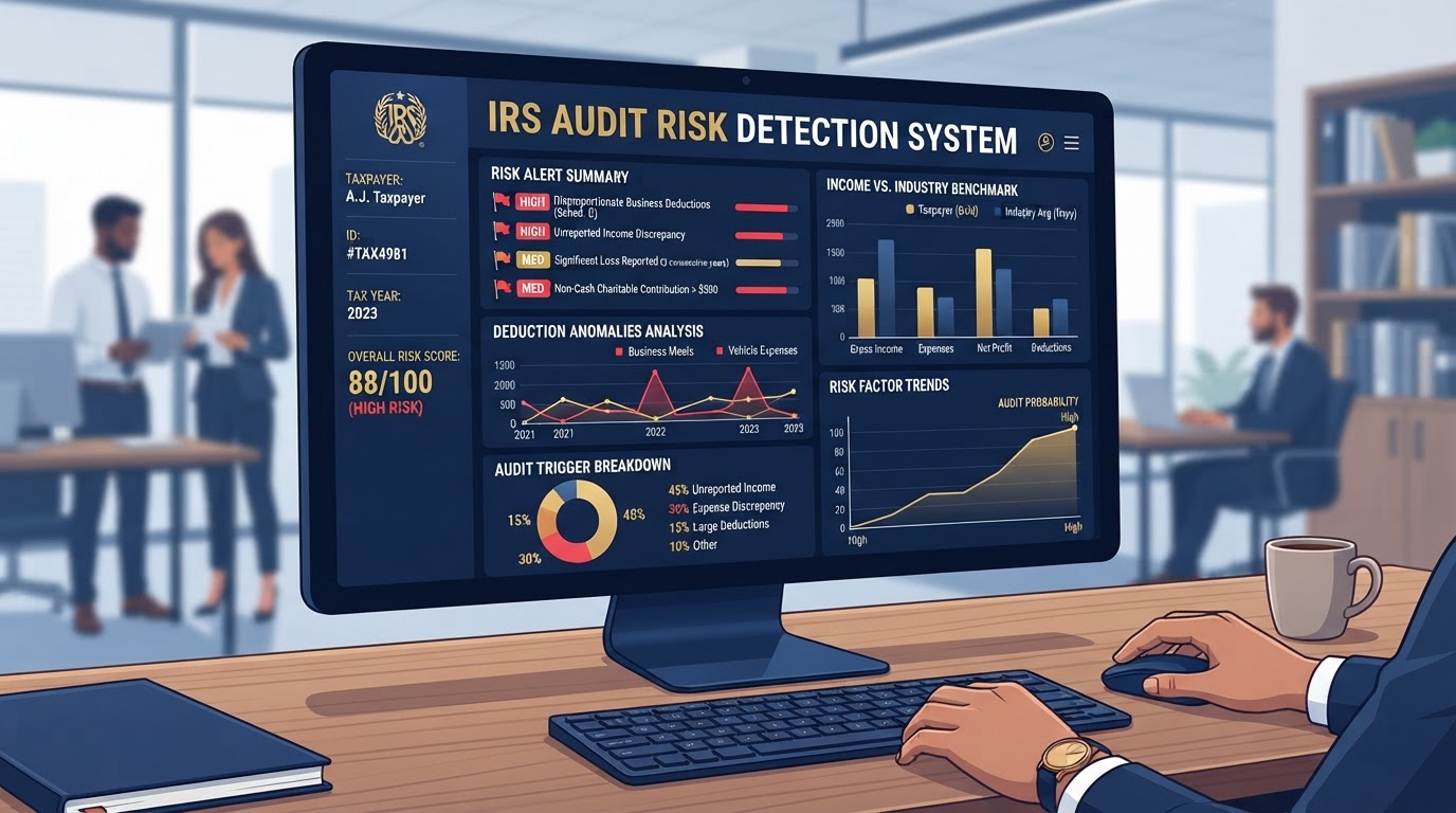 IRS audit risk detection system flagging a tax return with statistical anomalies