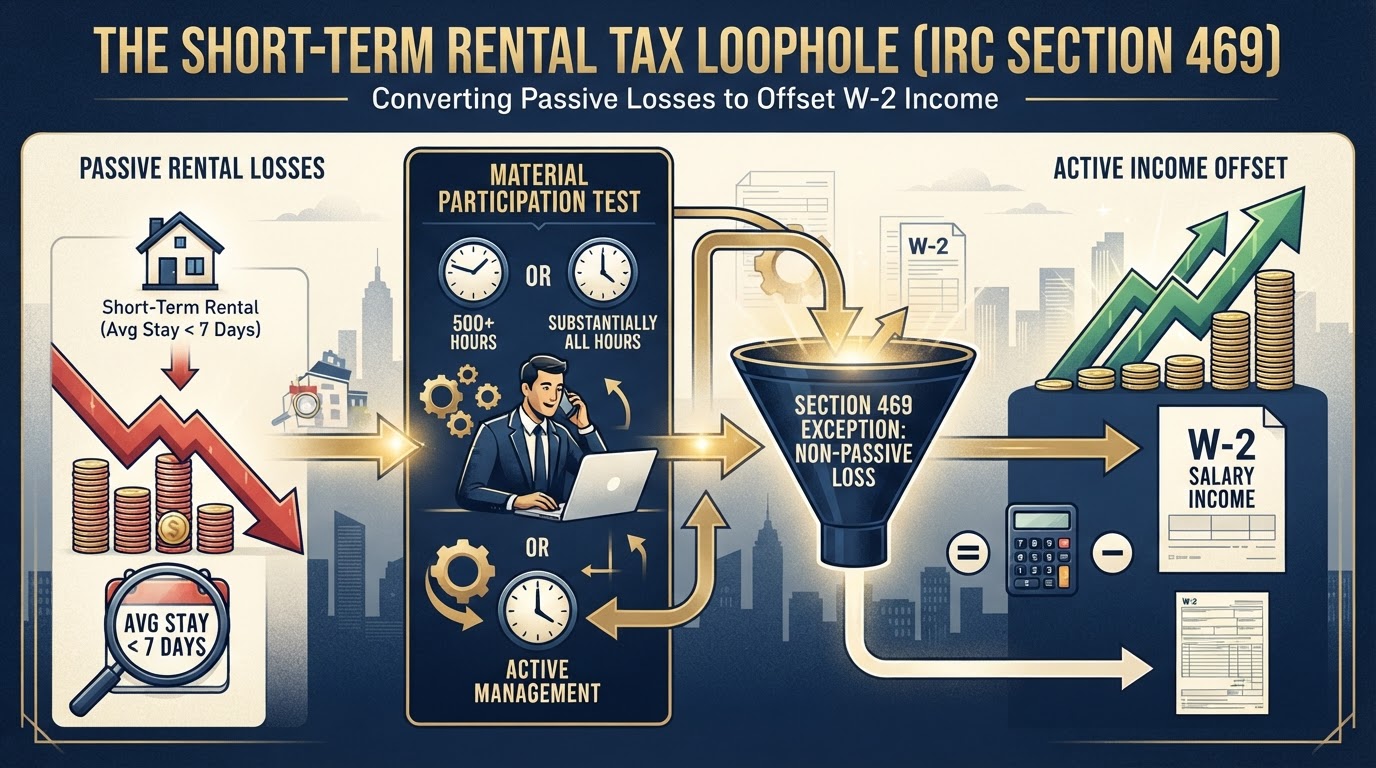 Short-term rental tax loophole under Section 469 with the seven-day rule and material participation converting passive losses to non-passive
