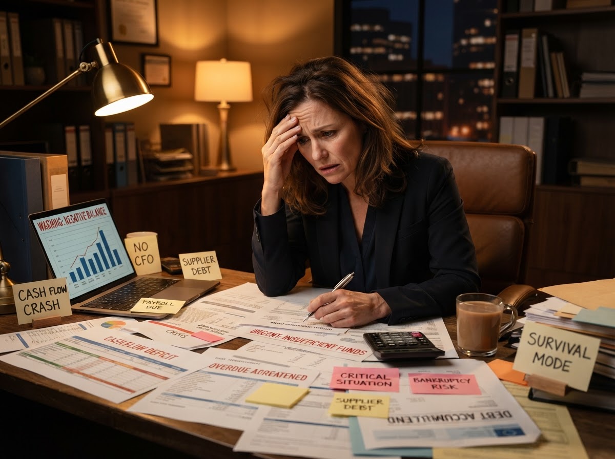 Stressed business owner at a desk with financial documents representing cash flow warning signs that a fractional CFO is needed