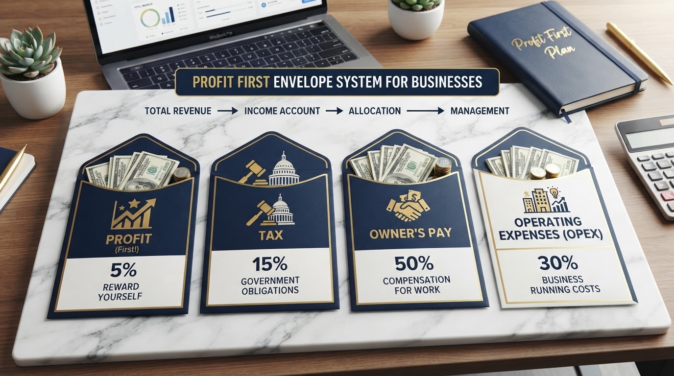 Profit First envelope system with profit, tax, and operating allocations