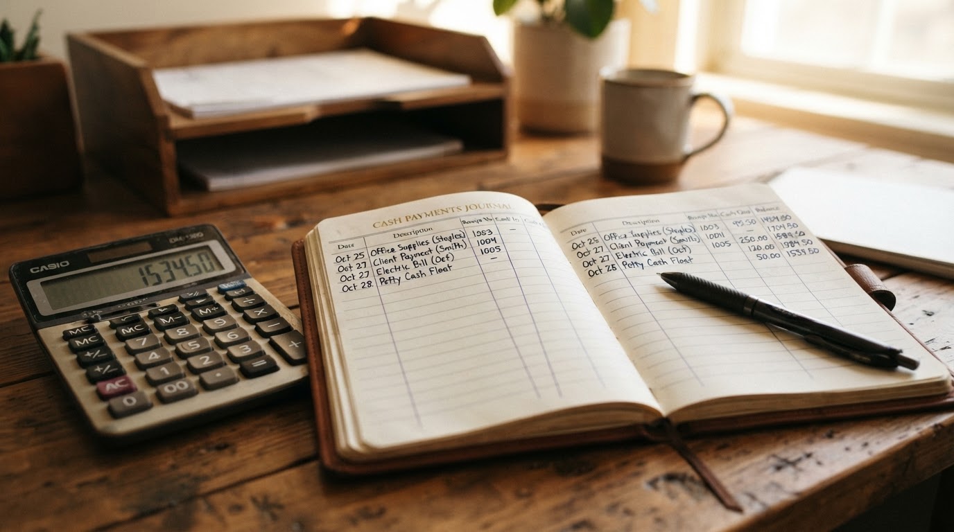 Handwritten cash payment log book next to a calculator and pen on a wooden desk
