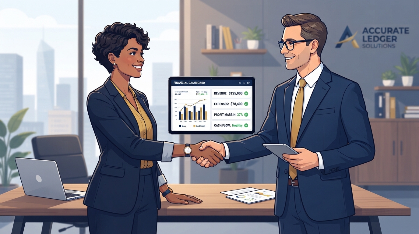 Confident business owner shaking hands with a professional bookkeeper over a clean financial dashboard