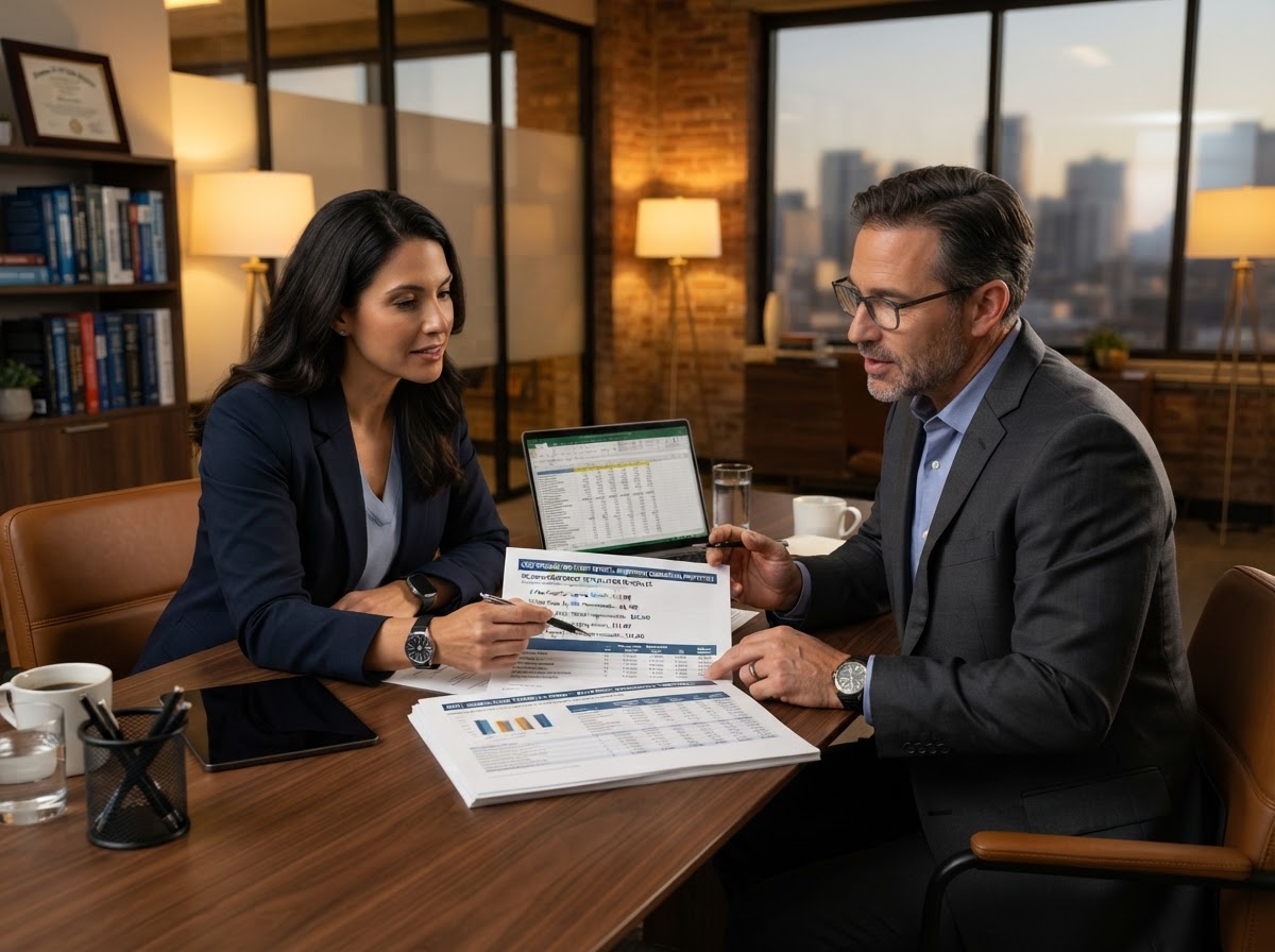 Real estate investor reviewing a cost segregation study with a tax advisor