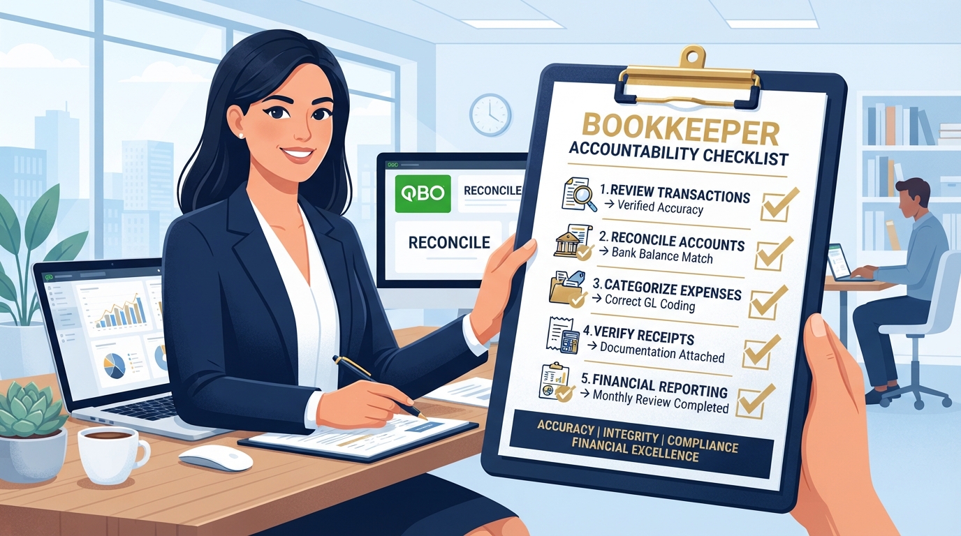 Bookkeeper accountability checklist on a clipboard with review, reconcile, categorize, and verify steps