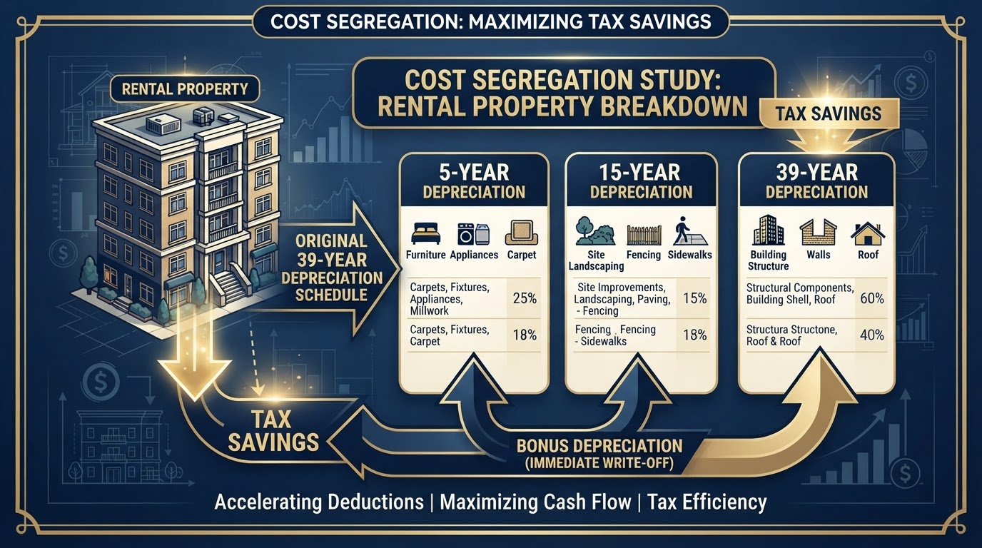 Cost segregation study breaking a rental property into 5-year, 15-year, and 39-year depreciation categories with bonus depreciation
