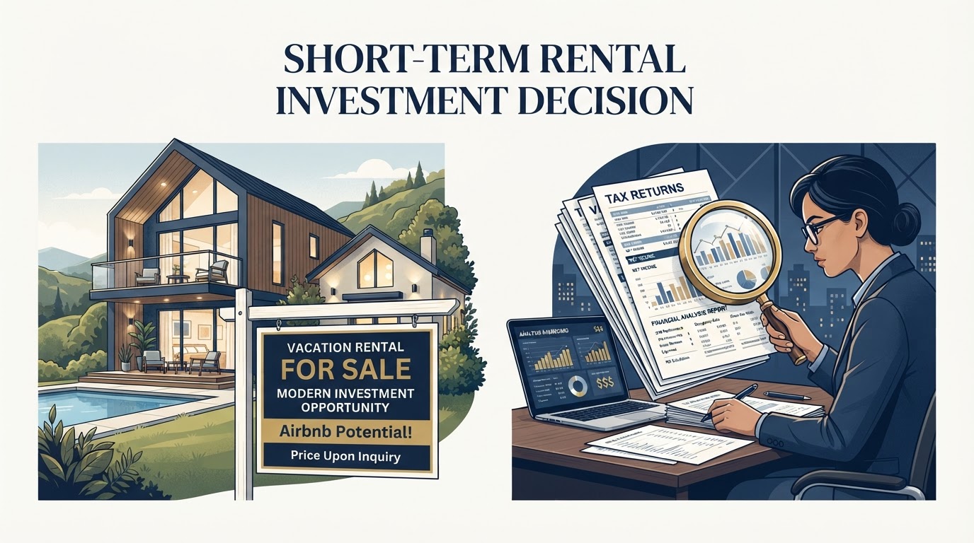 Investor analyzing a short-term rental property purchase with financial documents and tax returns