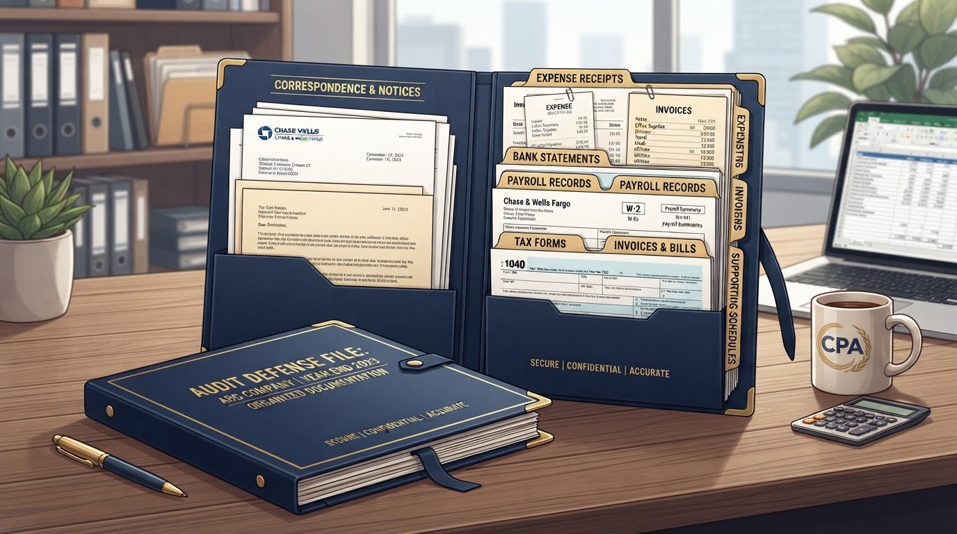Audit defense file folder with supporting documents and receipts organized neatly
