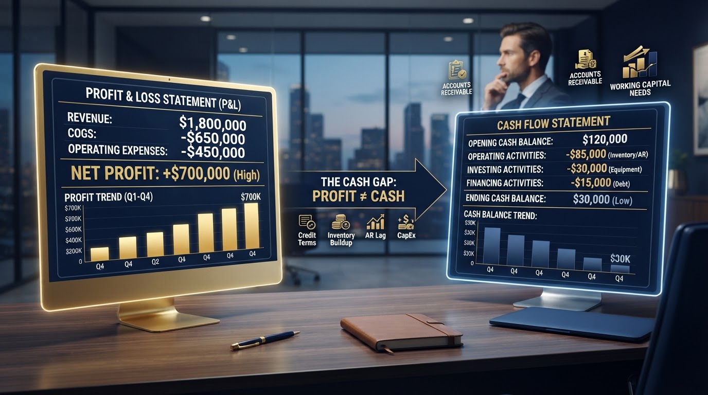 Comparison of profit versus cash showing a P&L with high profit but low cash balance