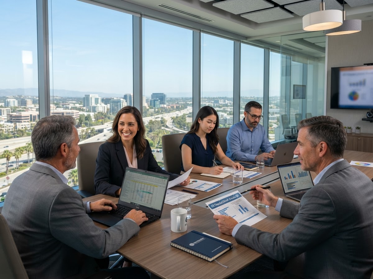 Professional services office in Orange County with consultants reviewing financial documents