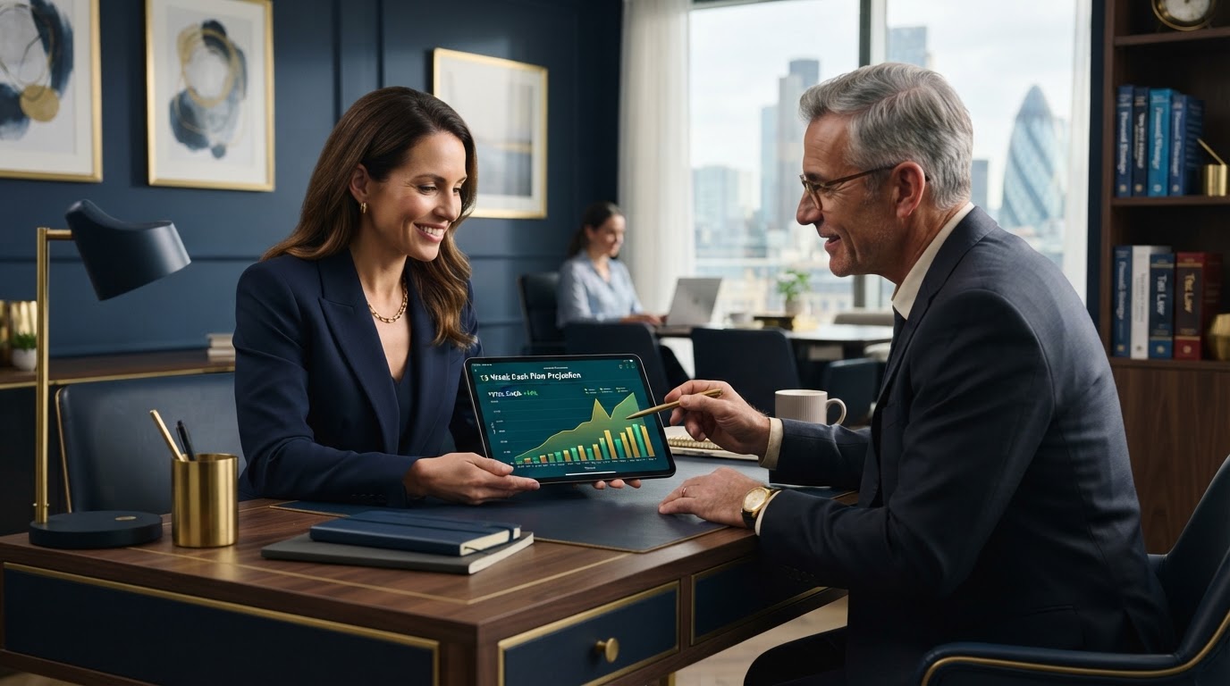 Business owner and accountant reviewing a cash flow forecast chart on a tablet