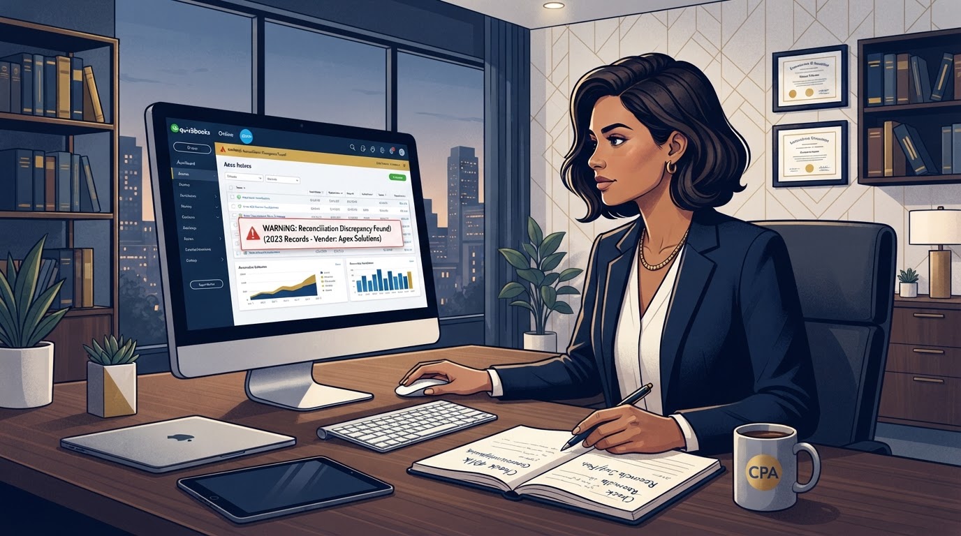CPA reviewing bookkeeping records and finding errors on a computer screen