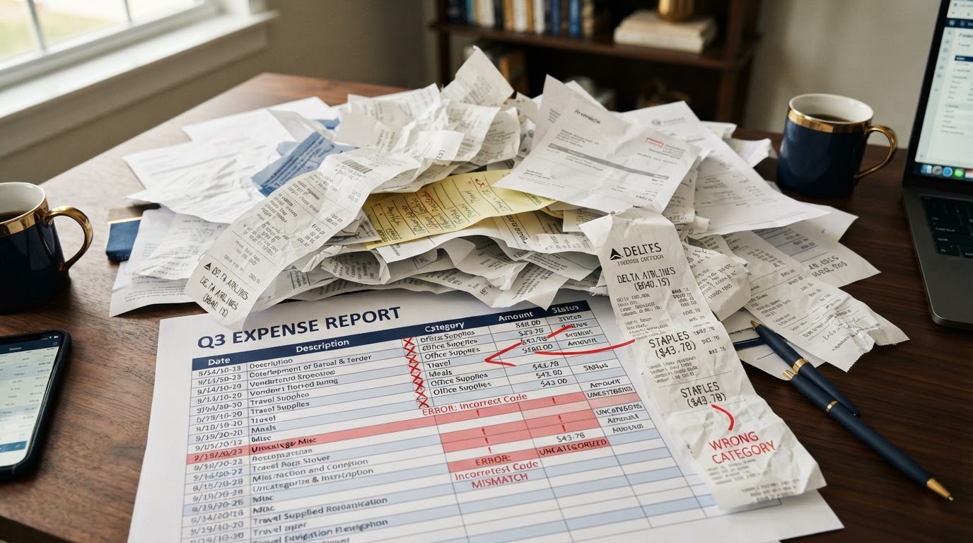 Messy pile of crumpled receipts and invoices with red error marks on a spreadsheet, representing costly categorization errors