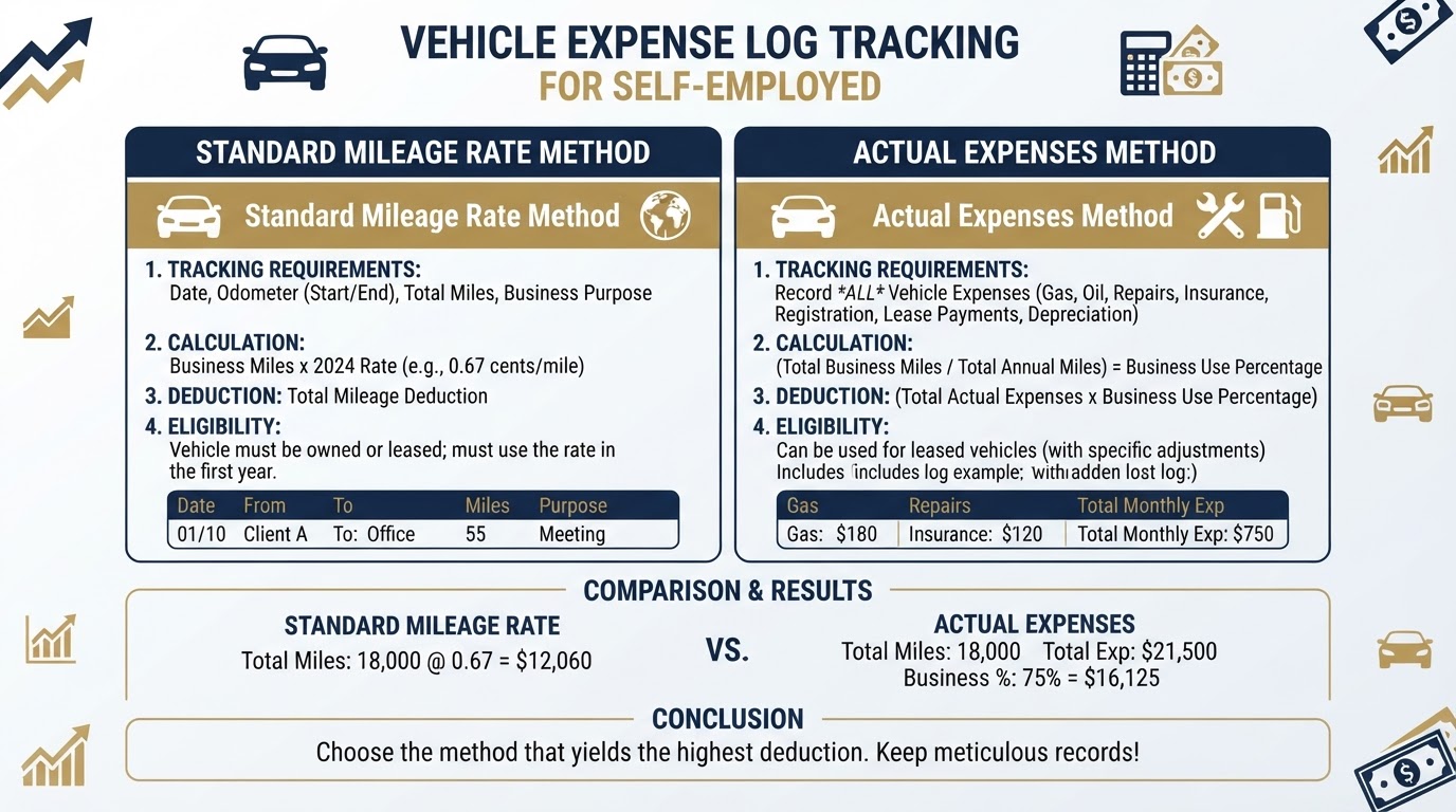 Vehicle expense and mileage log tracking for self-employed
