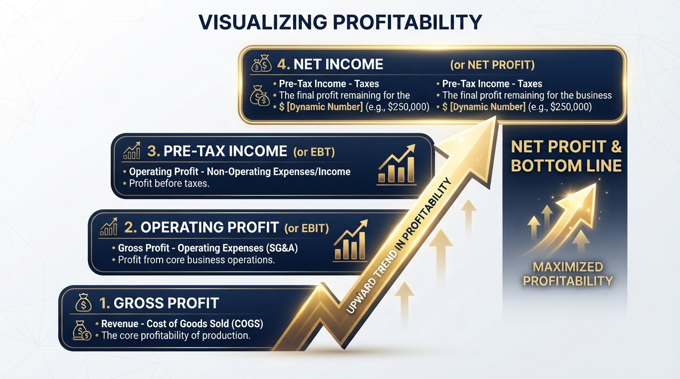 Net profit and bottom line visualization with upward trending arrow from gross profit to operating profit to net income